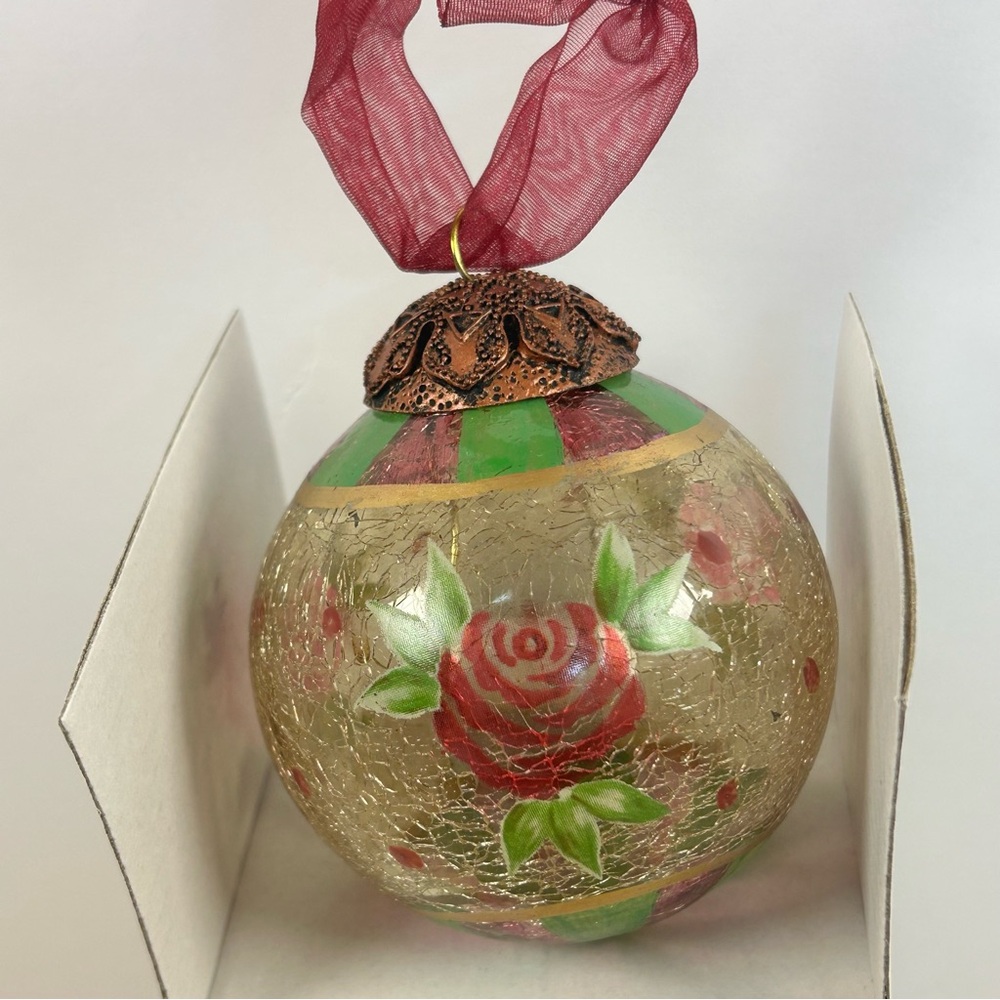 Russ Berrie Festive Gatherings Crackle Glass Ornament Handpainted‎ Roses Rare